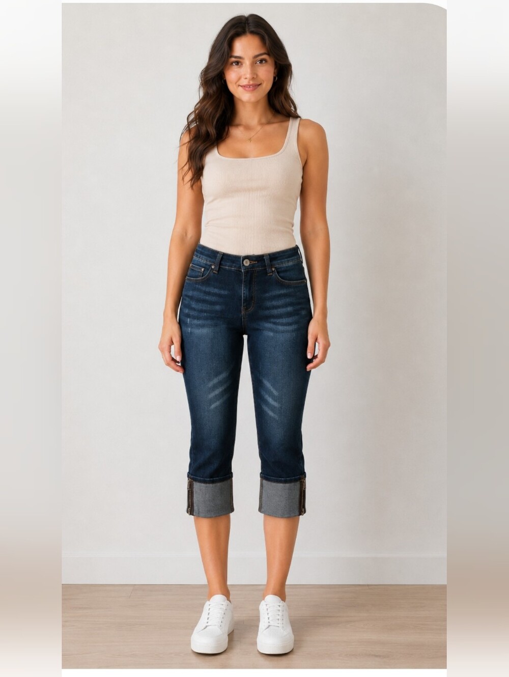 TitleTherapy Dark Wash Cuffed Capri Jeans Size 32 Zip Hem Stretch Denim